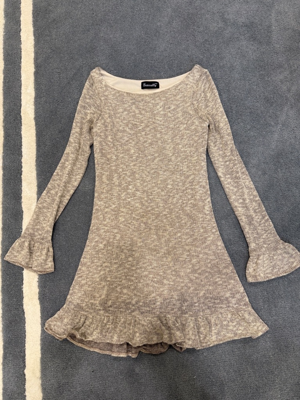Heathered Taupe Knit Ruffle-Hem Sweater Dress